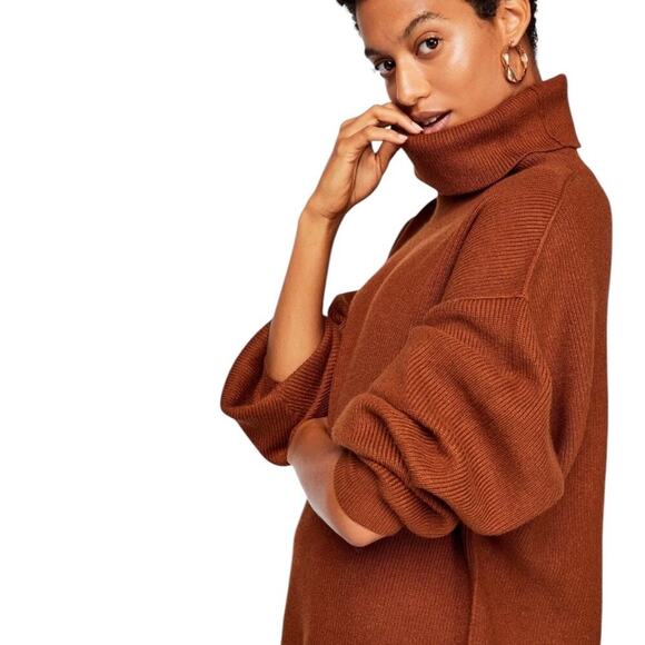 Free People Softly Structured Ribbed Tunic Turtleneck Sweater Slouchy Brown XS - Picture 1 of 14